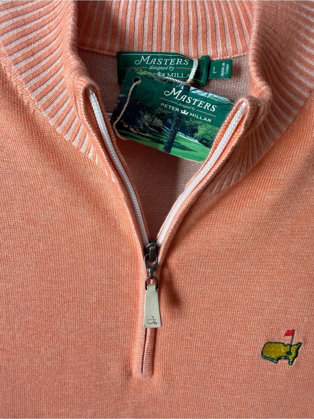 Peter Millar Coral Crewneck Sweater with Yellow & Red Embroidered Logo